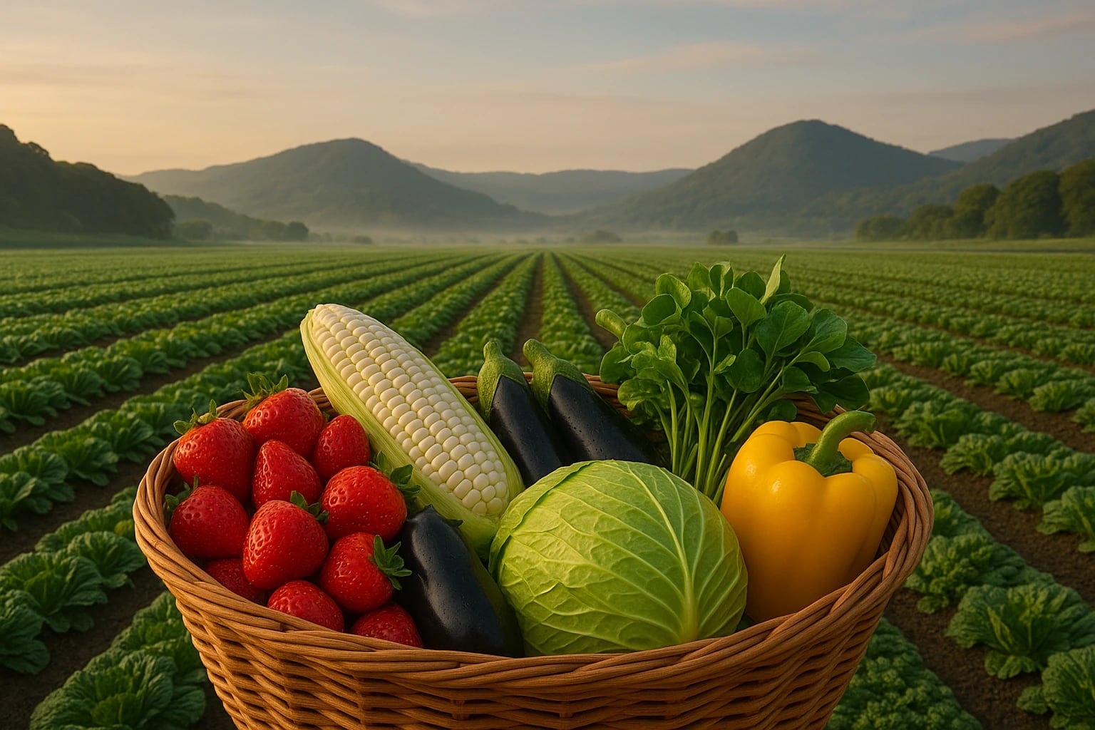 Highland farm landscape with fresh produce